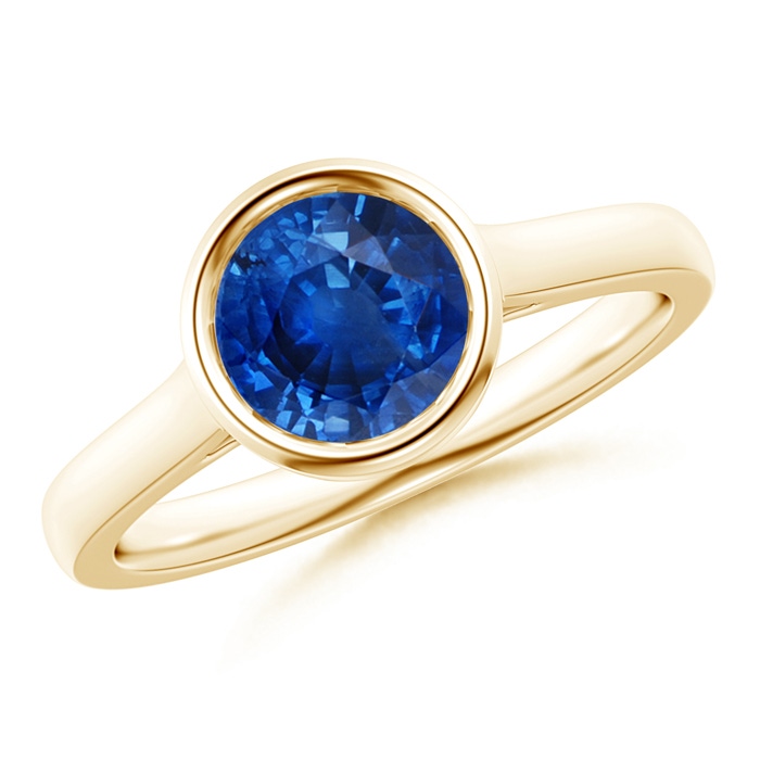 7mm AAA Classic Bezel-Set Round Blue Sapphire Solitaire Ring in Yellow Gold 