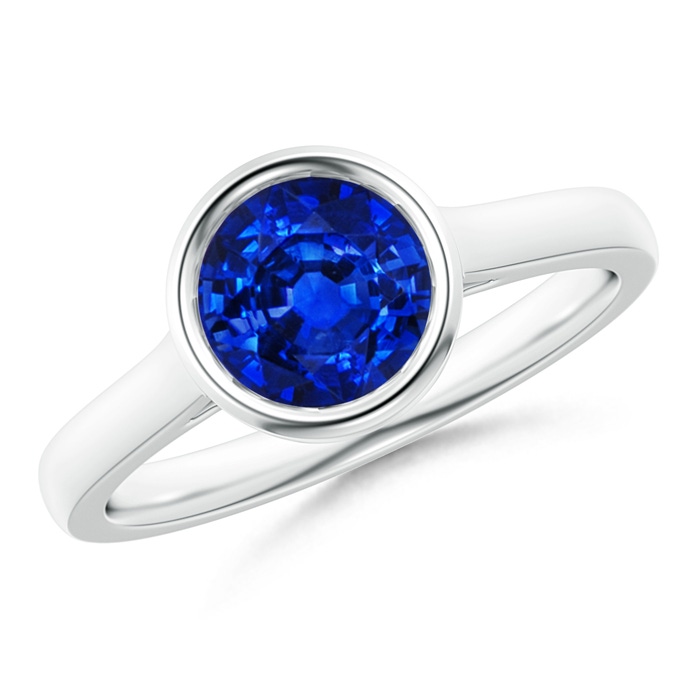 7mm AAAA Classic Bezel-Set Round Blue Sapphire Solitaire Ring in White Gold 