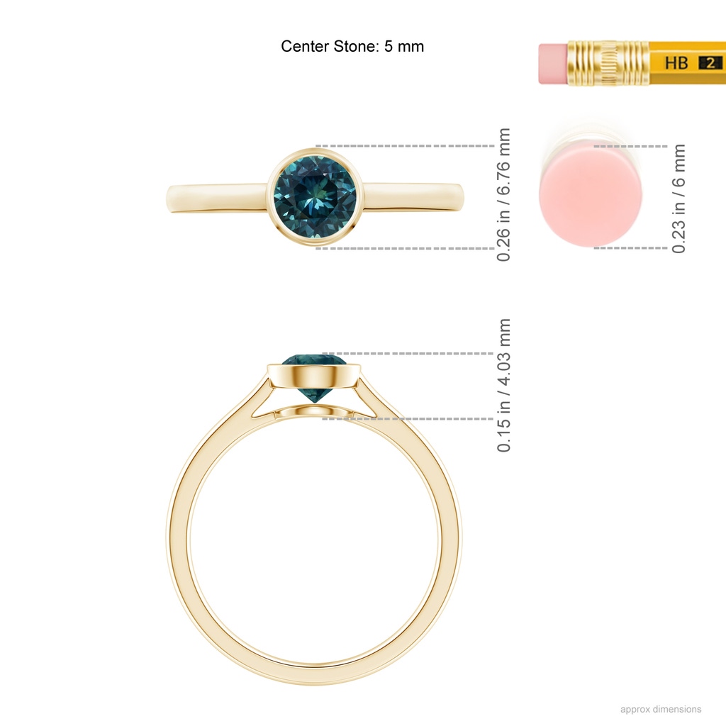 5mm AAA Classic Bezel-Set Round Teal Montana Sapphire Solitaire Ring in Yellow Gold Ruler