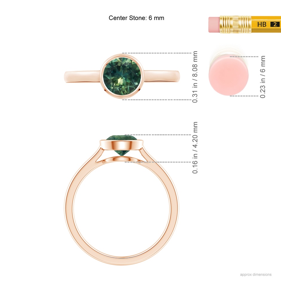 6mm AA Classic Bezel-Set Round Teal Montana Sapphire Solitaire Ring in Rose Gold ruler
