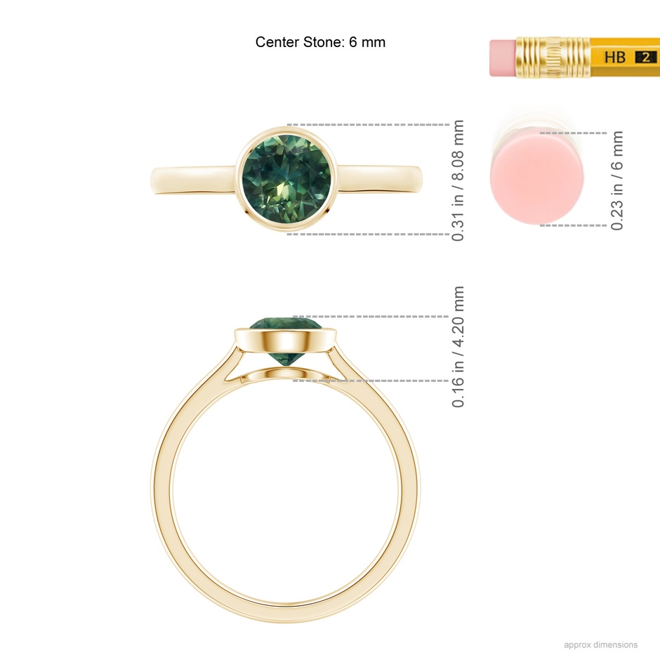 6mm AA Classic Bezel-Set Round Teal Montana Sapphire Solitaire Ring in Yellow Gold ruler