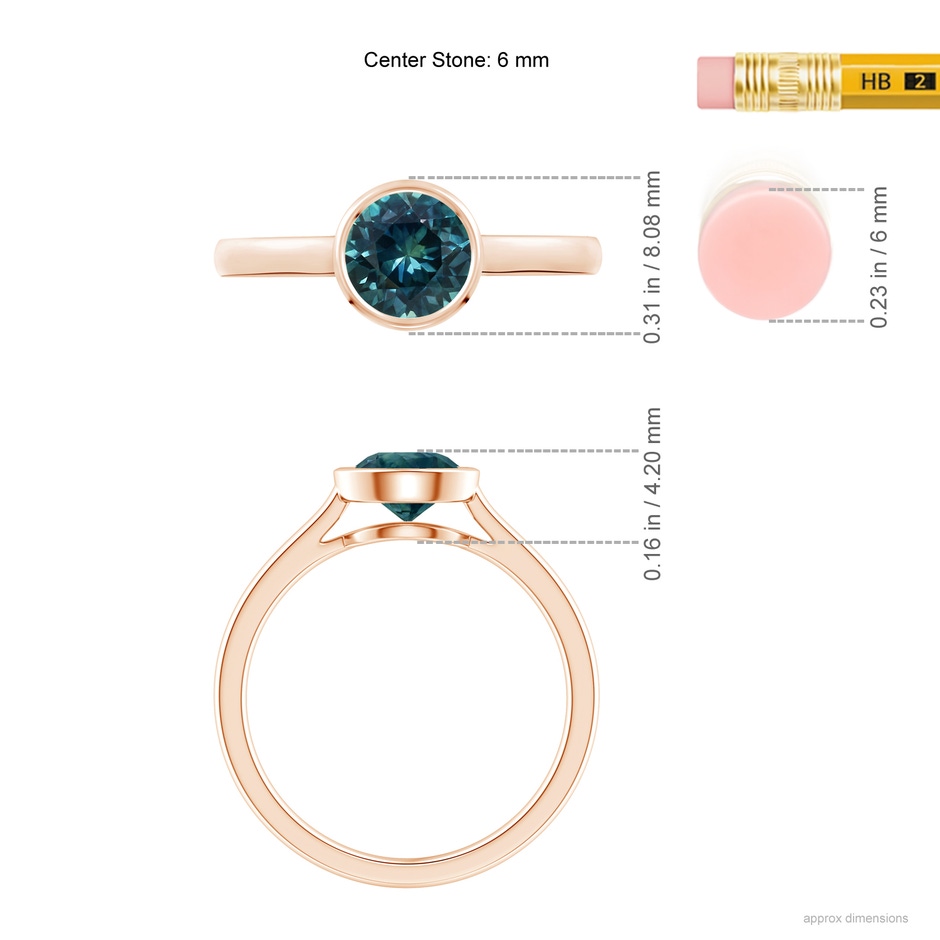 6mm AAA Classic Bezel-Set Round Teal Montana Sapphire Solitaire Ring in Rose Gold ruler