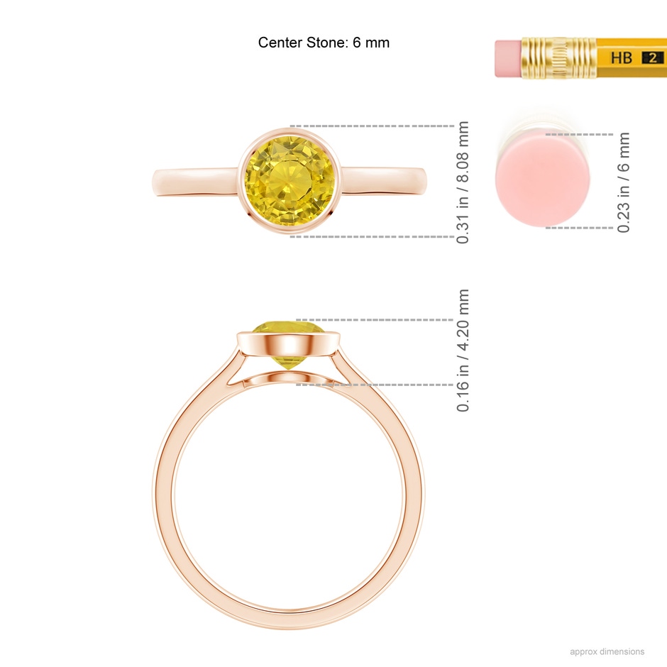 6mm AAA Classic Bezel-Set Round Yellow Sapphire Solitaire Ring in Rose Gold ruler