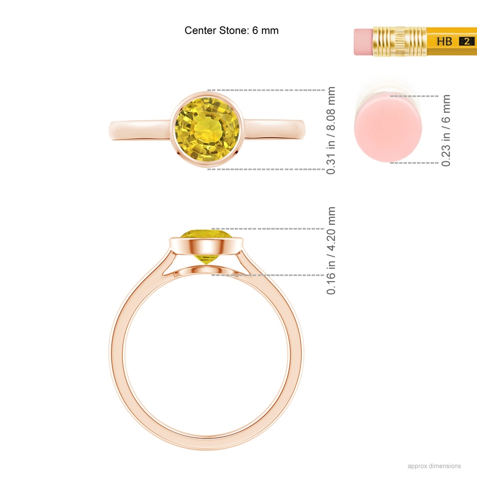 6mm AAAA Classic Bezel-Set Round Yellow Sapphire Solitaire Ring in Rose Gold ruler