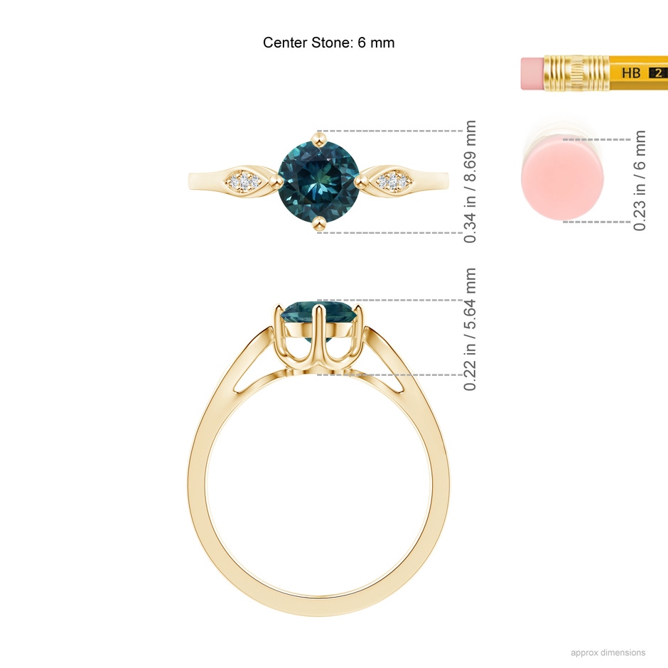 6mm AAA Vintage Style Round Teal Montana Sapphire Solitaire Ring in Yellow Gold ruler