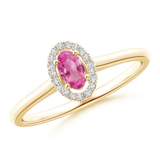 5x3mm AAA Prong-Set Oval Pink Sapphire Halo Ring in 9K Yellow Gold