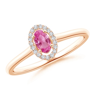 5x3mm AAA Prong-Set Oval Pink Sapphire Halo Ring in Rose Gold