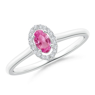 5x3mm AAA Prong-Set Oval Pink Sapphire Halo Ring in White Gold