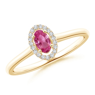 5x3mm AAAA Prong-Set Oval Pink Sapphire Halo Ring in Yellow Gold