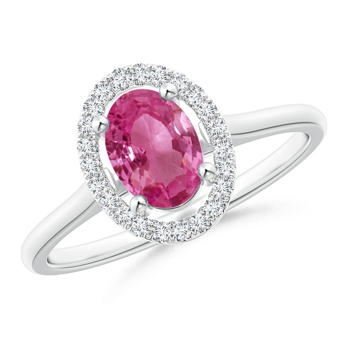 7x5mm AAAA Prong-Set Oval Pink Sapphire Halo Ring in White Gold 