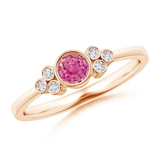 4mm AAA Vintage Style Round Pink Sapphire Ring with Diamond Trio in Rose Gold