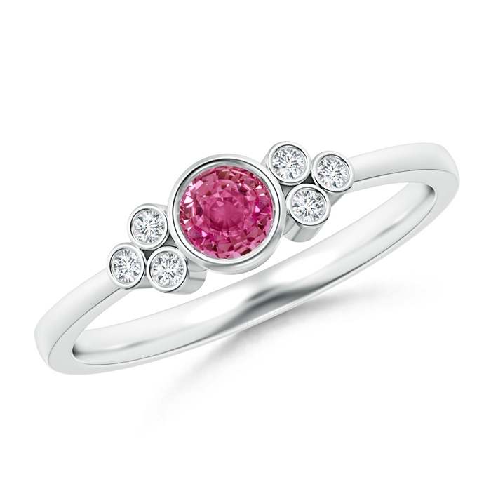 4mm AAAA Vintage Style Round Pink Sapphire Ring with Diamond Trio in P950 Platinum