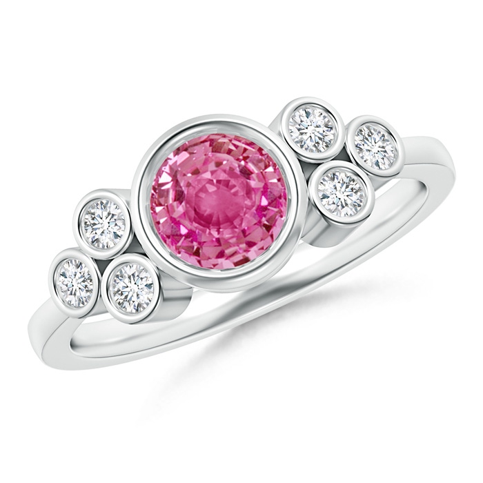 6mm AAA Vintage Style Round Pink Sapphire Ring with Diamond Trio in White Gold 