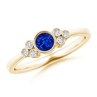 4mm AAAA Vintage Style Round Blue Sapphire Ring with Diamond Trio in Yellow Gold