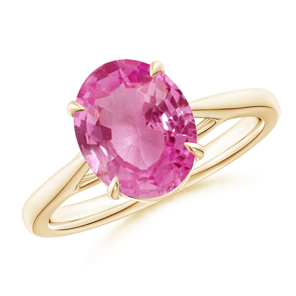 10x8mm AAA Prong-Set Oval Pink Sapphire Cathedral Solitaire Ring in Yellow Gold 