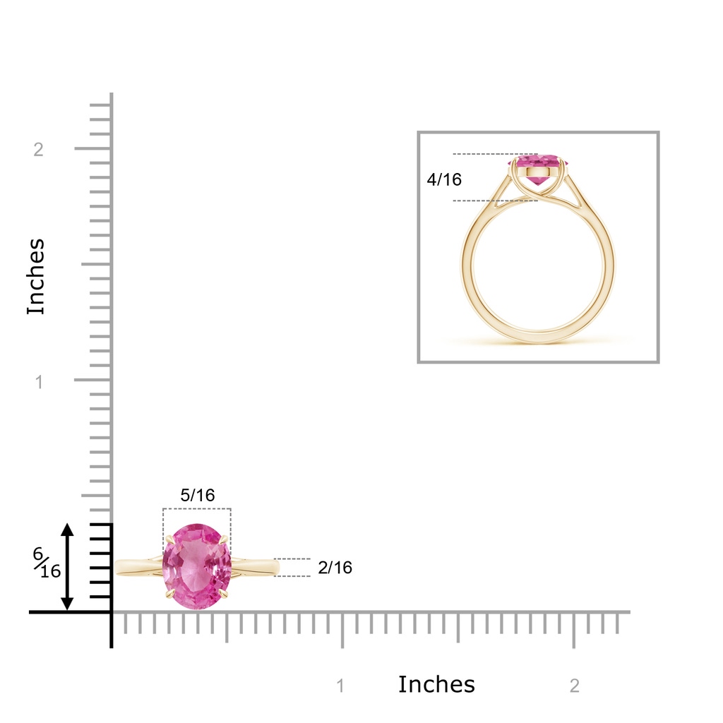 10x8mm AAA Prong-Set Oval Pink Sapphire Cathedral Solitaire Ring in Yellow Gold Ruler