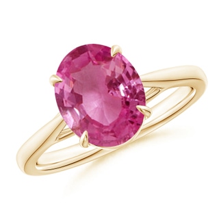 10x8mm AAAA Prong-Set Oval Pink Sapphire Cathedral Solitaire Ring in Yellow Gold