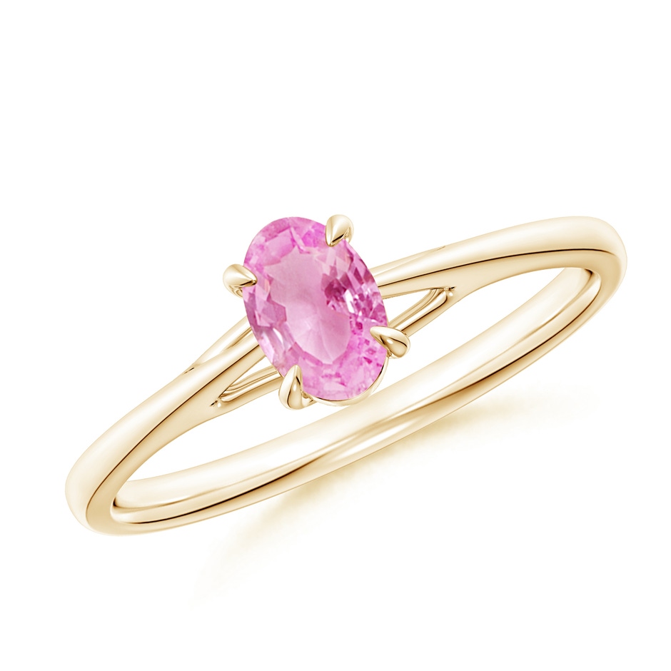 6x4mm A Prong-Set Oval Pink Sapphire Cathedral Solitaire Ring in Yellow Gold 