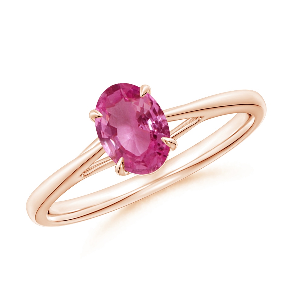 7x5mm AAAA Prong-Set Oval Pink Sapphire Cathedral Solitaire Ring in Rose Gold 