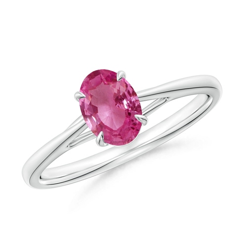 7x5mm AAAA Prong-Set Oval Pink Sapphire Cathedral Solitaire Ring in White Gold