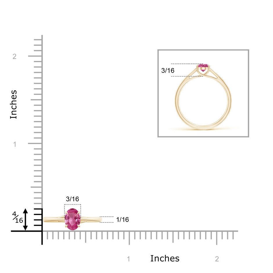 7x5mm AAAA Prong-Set Oval Pink Sapphire Cathedral Solitaire Ring in Yellow Gold ruler