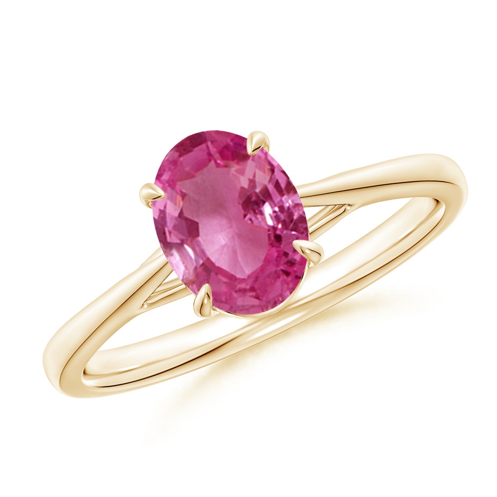 8x6mm AAAA Prong-Set Oval Pink Sapphire Cathedral Solitaire Ring in Yellow Gold