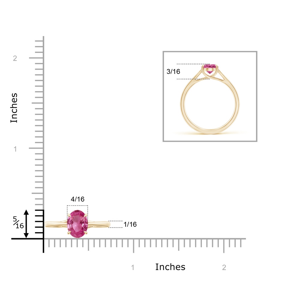 8x6mm AAAA Prong-Set Oval Pink Sapphire Cathedral Solitaire Ring in Yellow Gold ruler