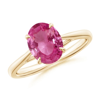 9x7mm AAAA Prong-Set Oval Pink Sapphire Cathedral Solitaire Ring in Yellow Gold
