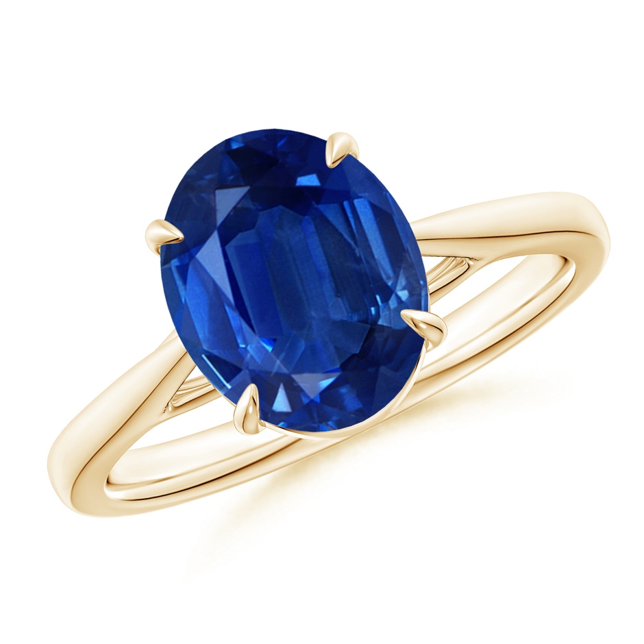 10x8mm AAA Prong-Set Oval Sapphire Cathedral Solitaire Ring in Yellow Gold 