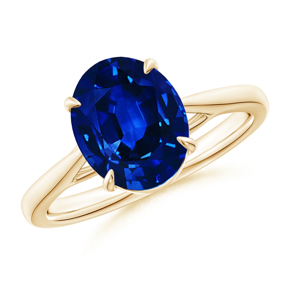 10x8mm AAAA Prong-Set Oval Sapphire Cathedral Solitaire Ring in Yellow Gold 