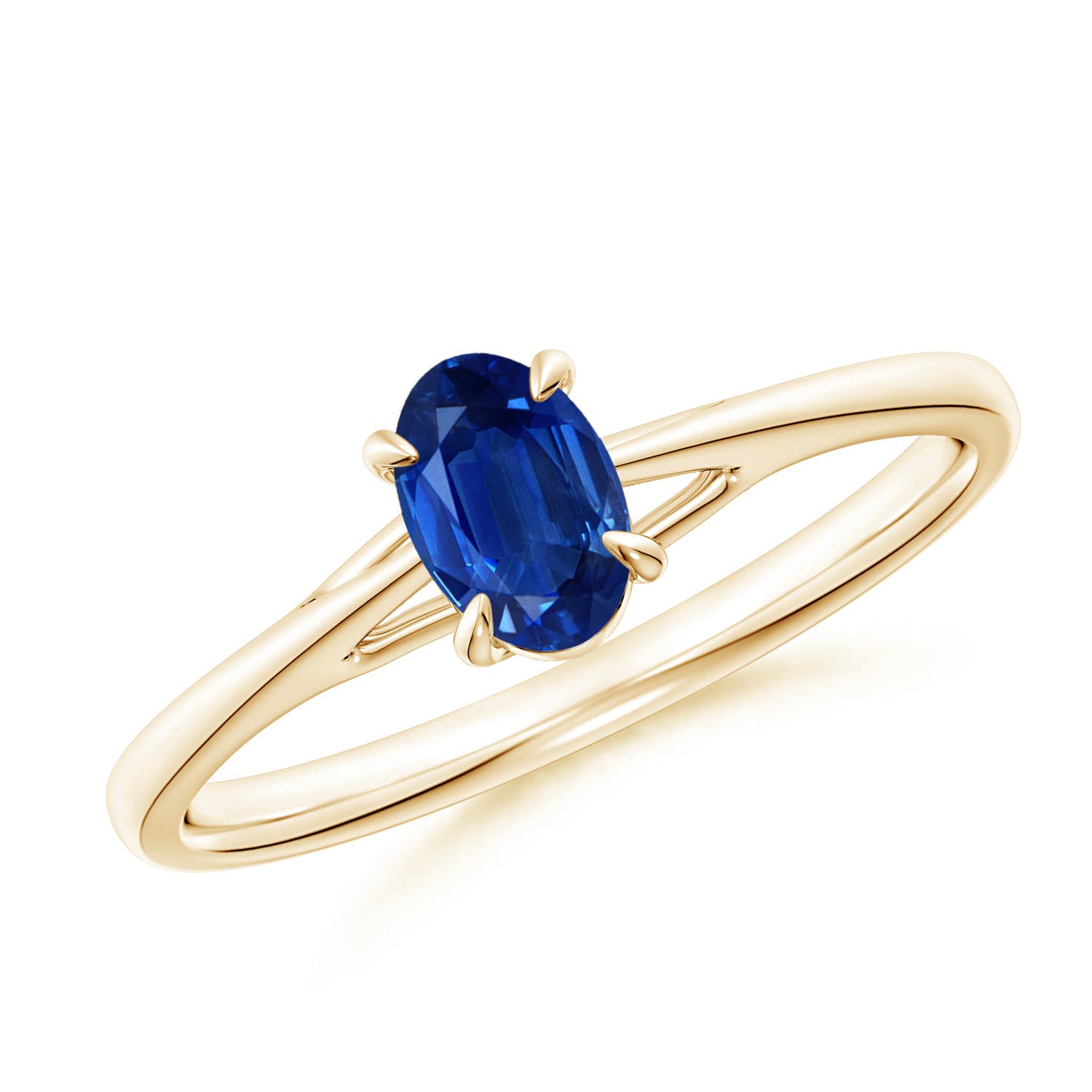 6x4mm AAA Prong-Set Oval Sapphire Cathedral Solitaire Ring in Yellow Gold