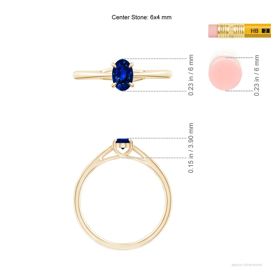 6x4mm AAAA Prong-Set Oval Sapphire Cathedral Solitaire Ring in Yellow Gold ruler