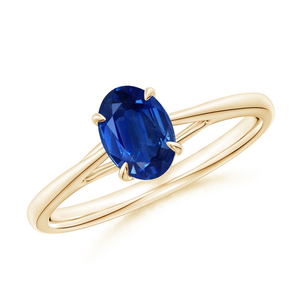 7x5mm AAA Prong-Set Oval Sapphire Cathedral Solitaire Ring in Yellow Gold 