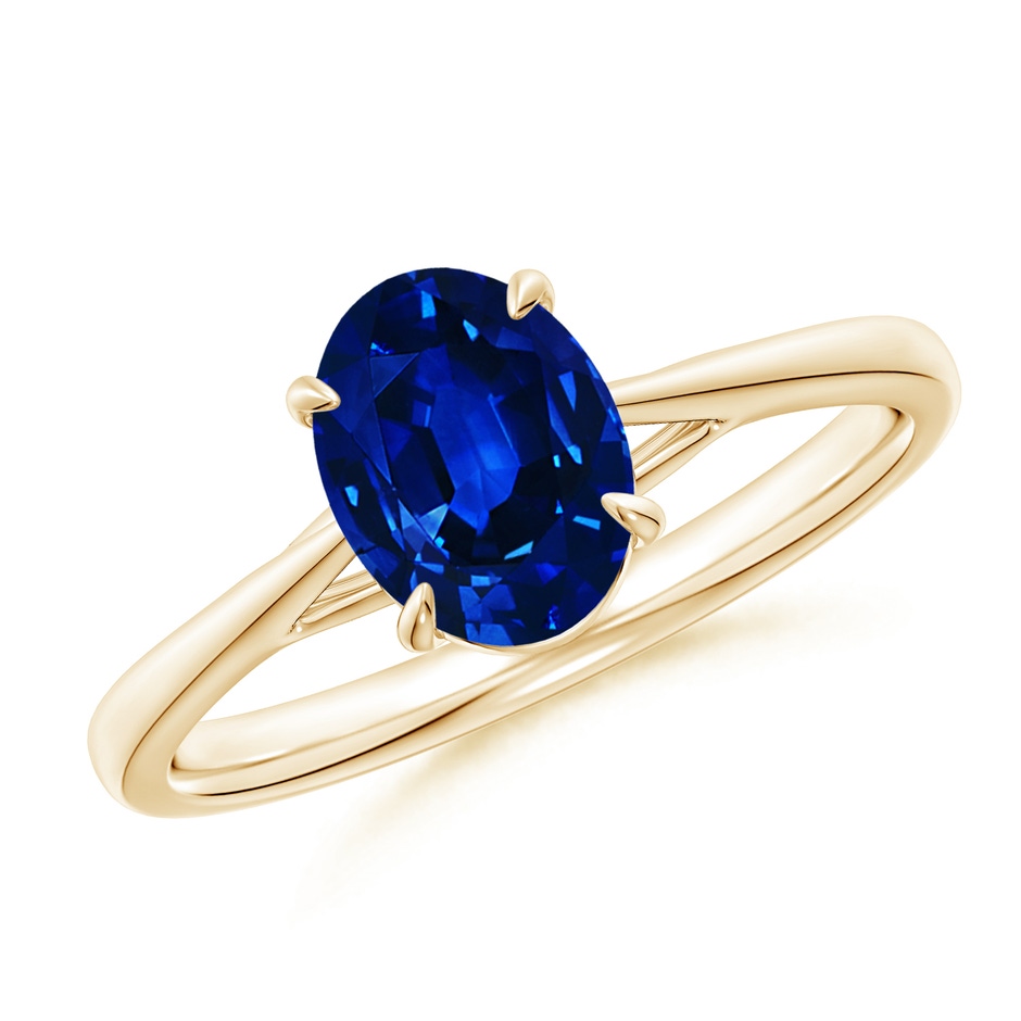 8x6mm AAAA Prong-Set Oval Sapphire Cathedral Solitaire Ring in Yellow Gold 