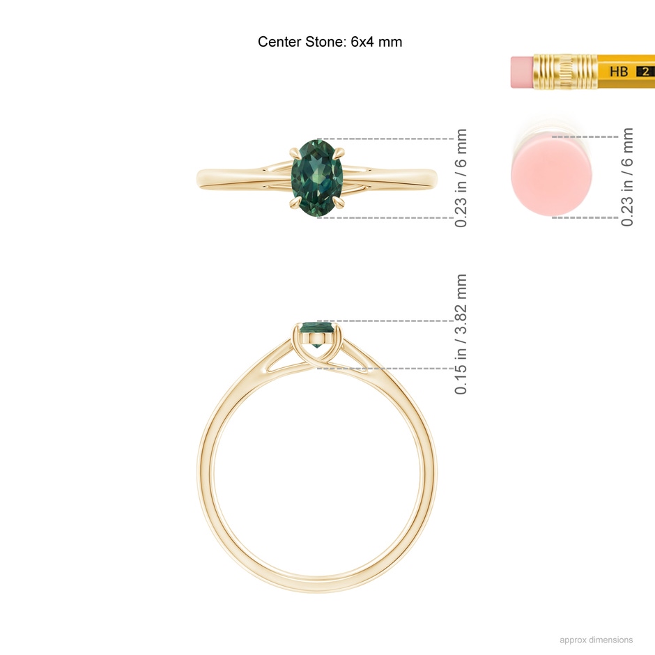 6x4mm AA Prong-Set Oval Teal Montana Sapphire Cathedral Solitaire Ring in Yellow Gold ruler