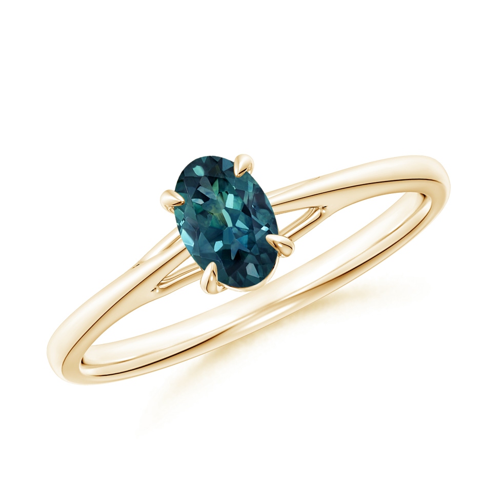6x4mm AAA Prong-Set Oval Teal Montana Sapphire Cathedral Solitaire Ring in 10K Yellow Gold 