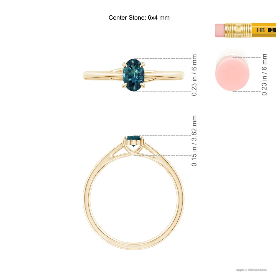 6x4mm AAA Prong-Set Oval Teal Montana Sapphire Cathedral Solitaire Ring in 10K Yellow Gold ruler