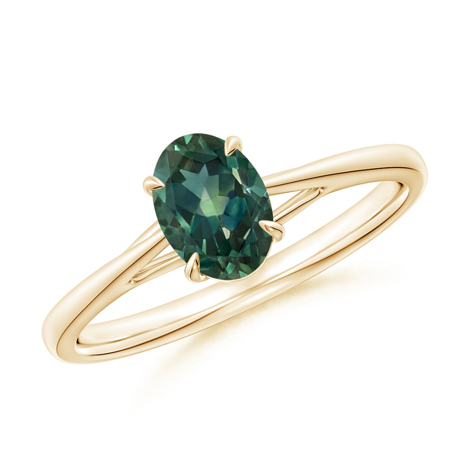 7x5mm AA Prong-Set Oval Teal Montana Sapphire Cathedral Solitaire Ring in Yellow Gold 