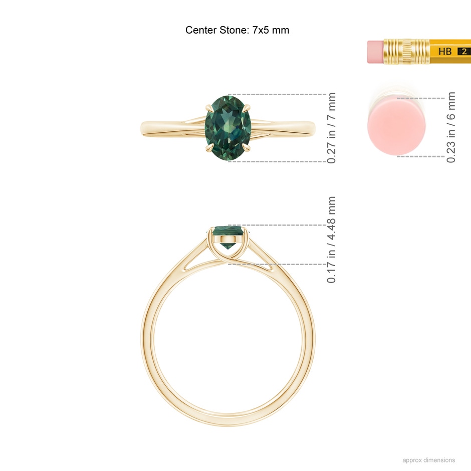 7x5mm AA Prong-Set Oval Teal Montana Sapphire Cathedral Solitaire Ring in Yellow Gold ruler