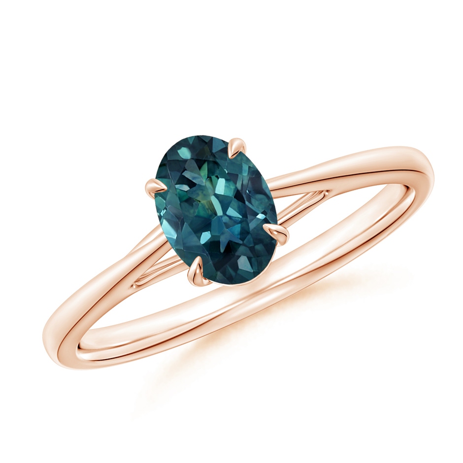 7x5mm AAA Prong-Set Oval Teal Montana Sapphire Cathedral Solitaire Ring in 9K Rose Gold 
