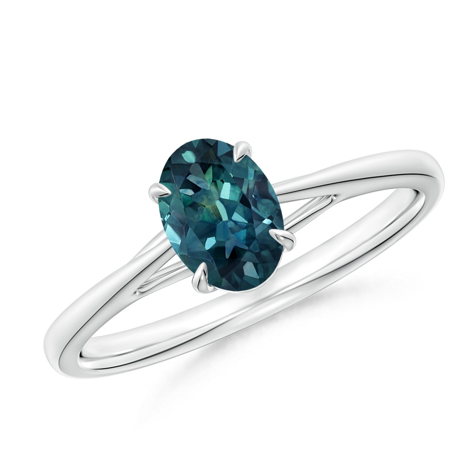 7x5mm AAA Prong-Set Oval Teal Montana Sapphire Cathedral Solitaire Ring in 9K White Gold 