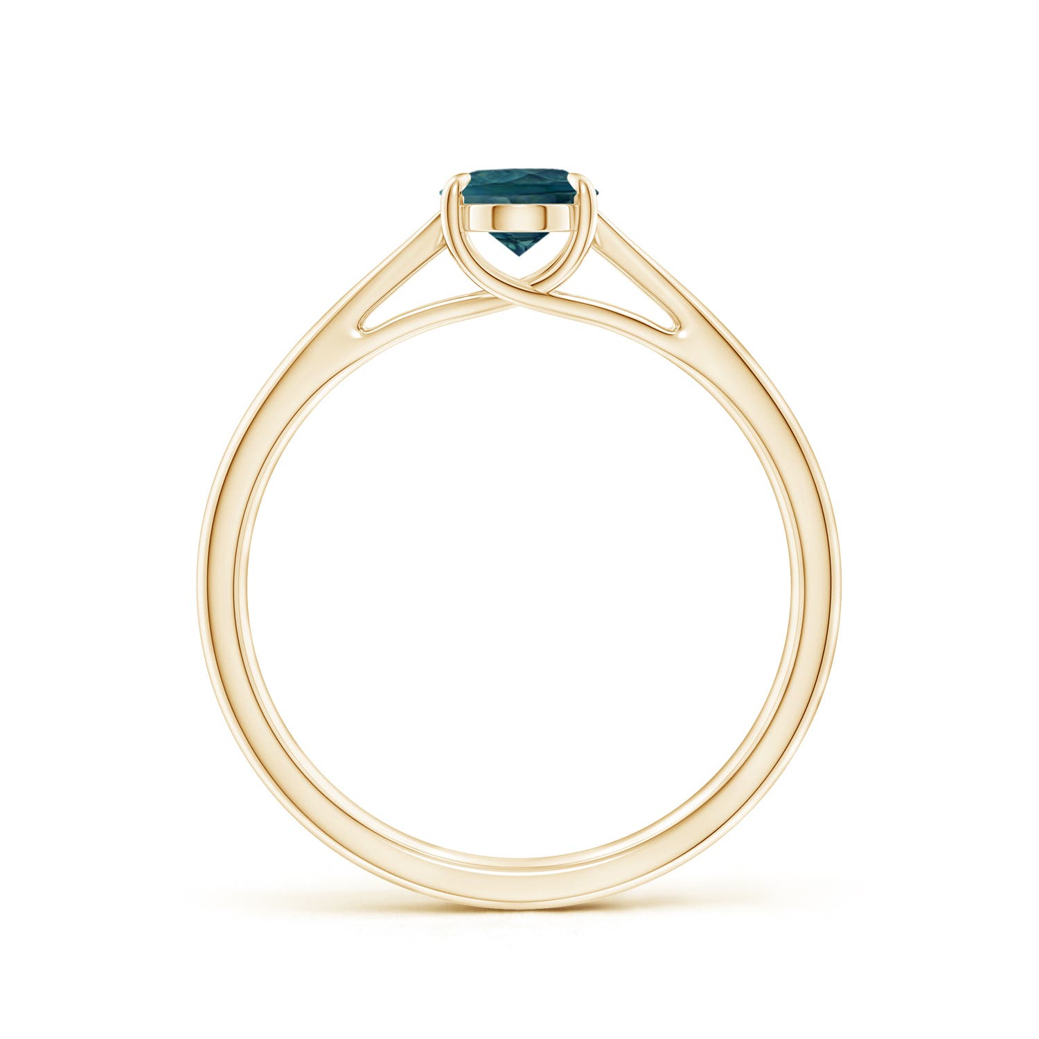 7x5mm AAA Prong-Set Oval Teal Montana Sapphire Cathedral Solitaire Ring in Yellow Gold - side 2