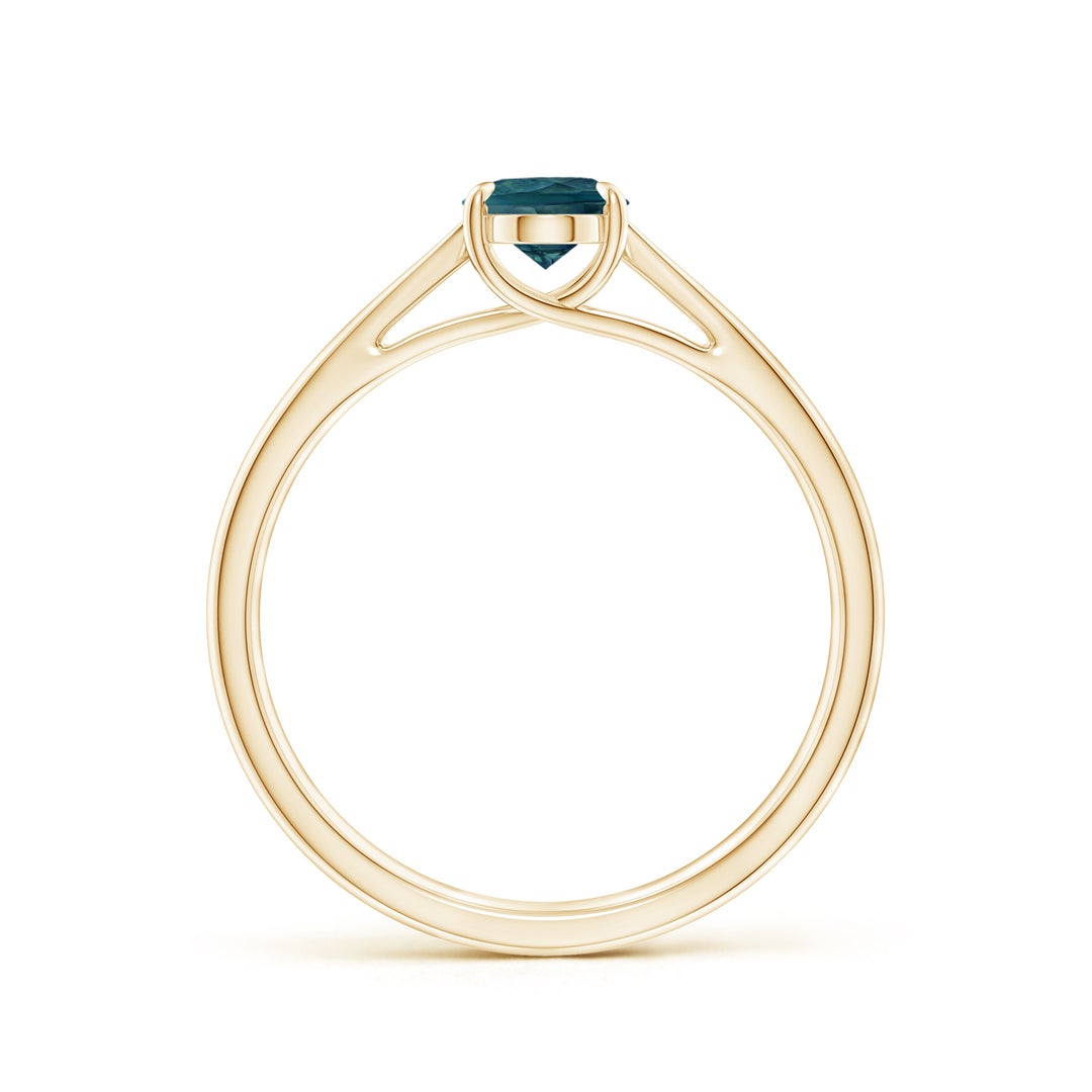 7x5mm AAA Prong-Set Oval Teal Montana Sapphire Cathedral Solitaire Ring in Yellow Gold - side 2