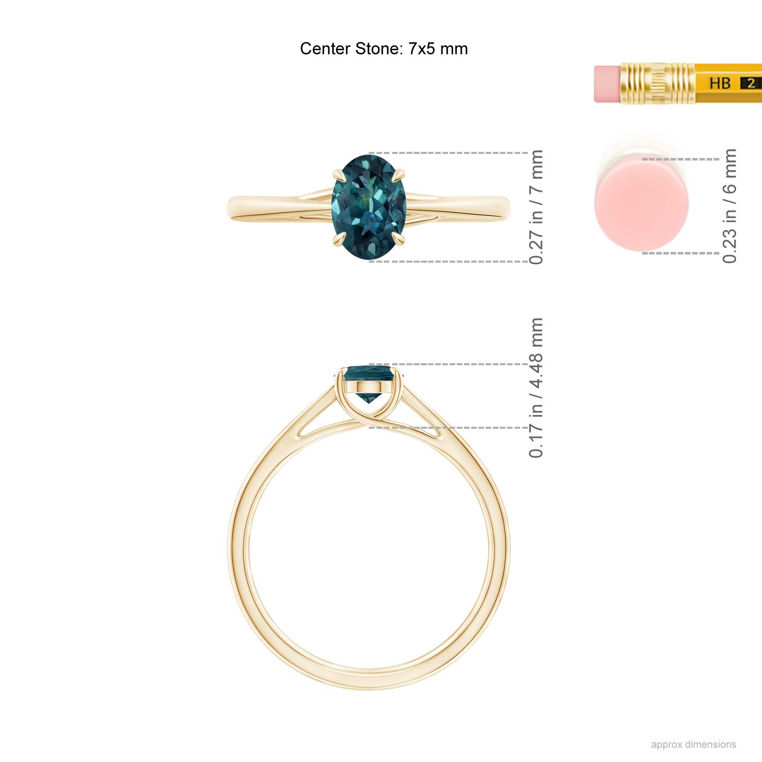 7x5mm AAA Prong-Set Oval Teal Montana Sapphire Cathedral Solitaire Ring in Yellow Gold - ruler