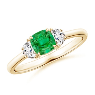 5mm AAA Cushion Emerald and Diamond Three Stone Ring in 9K Yellow Gold