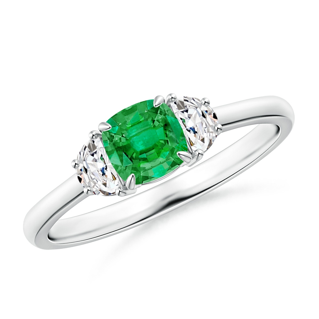 5mm AAA Cushion Emerald and Diamond Three Stone Ring in White Gold