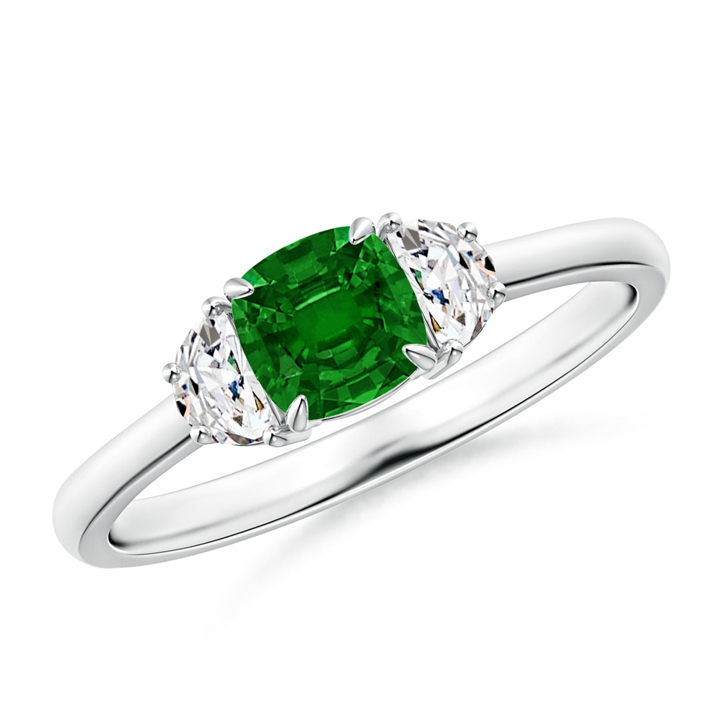 5mm AAAA Cushion Emerald and Diamond Three Stone Ring in P950 Platinum