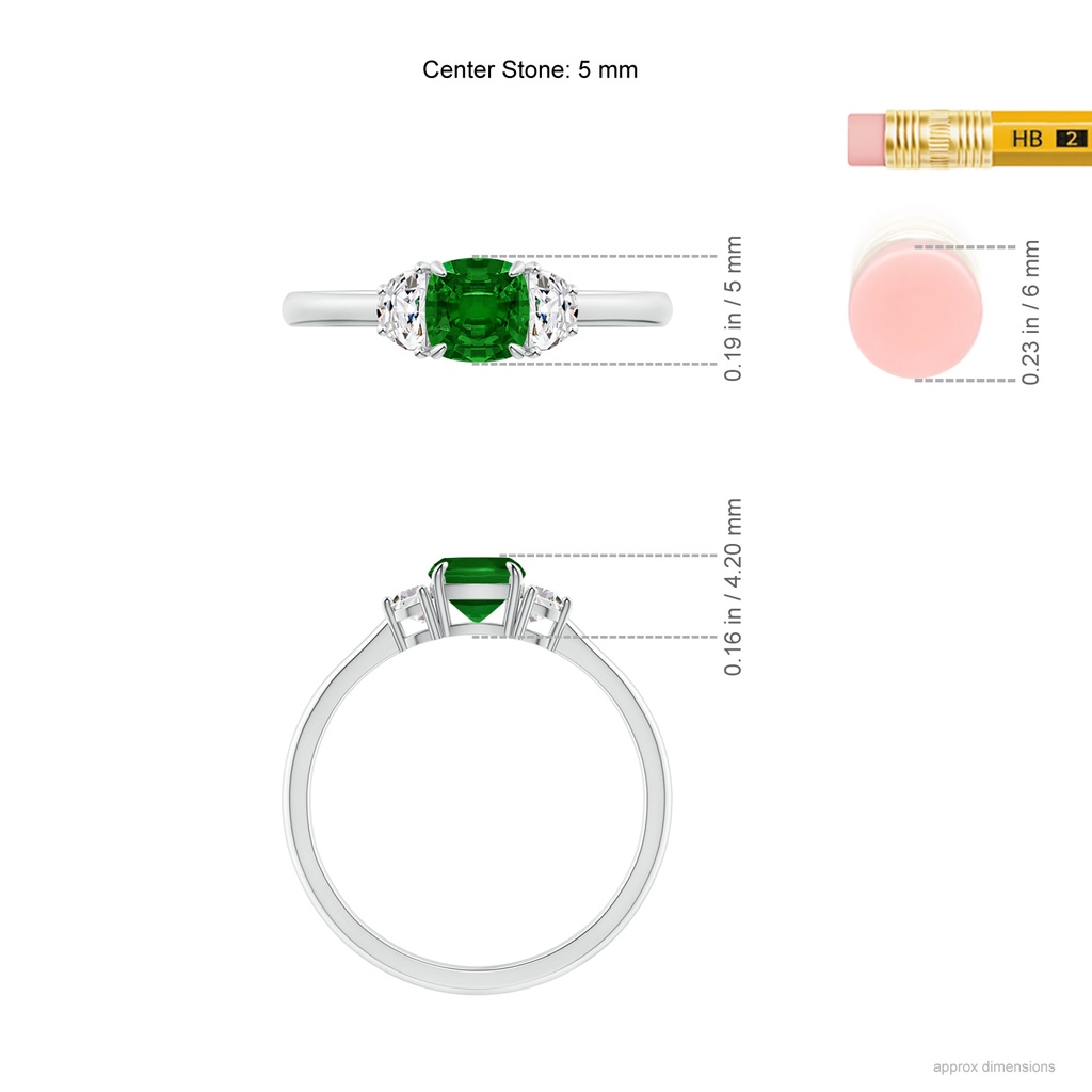 5mm AAAA Cushion Emerald and Diamond Three Stone Ring in P950 Platinum Ruler