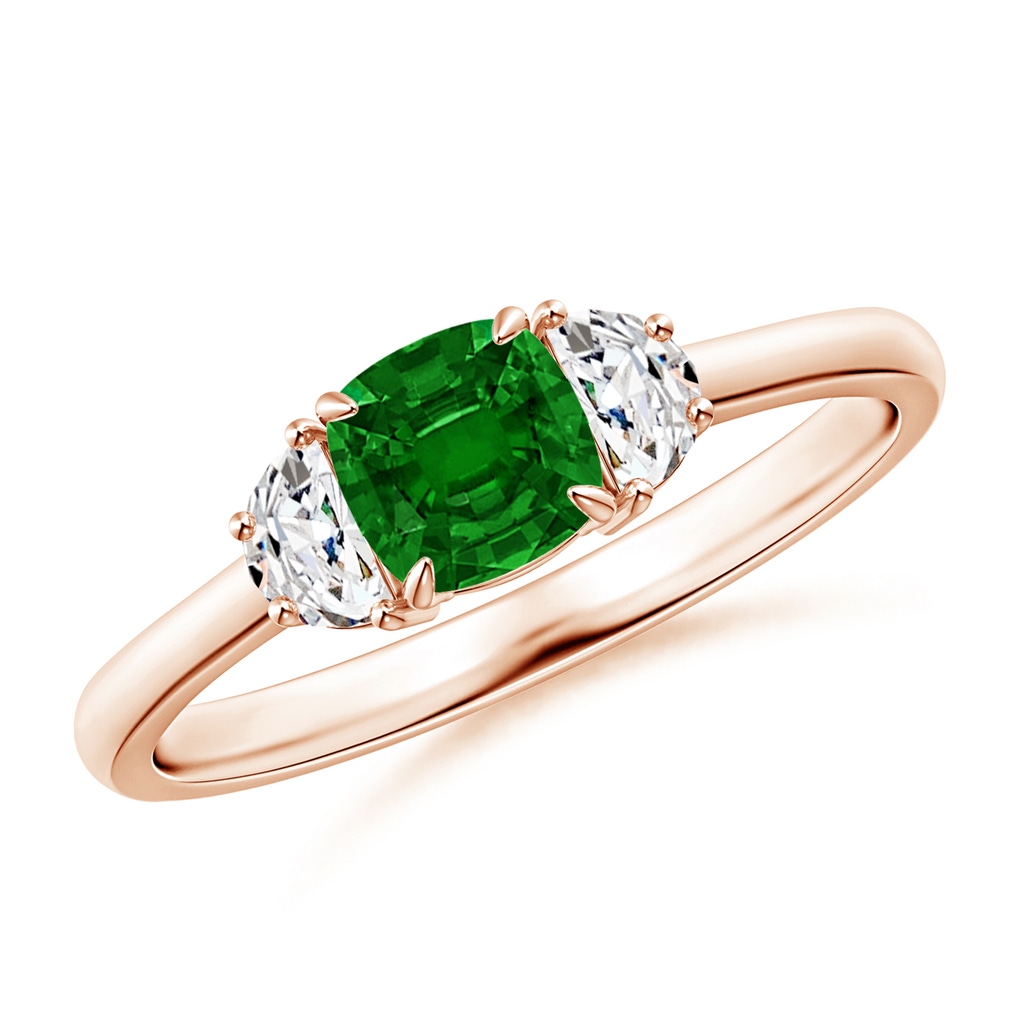 5mm AAAA Cushion Emerald and Diamond Three Stone Ring in Rose Gold