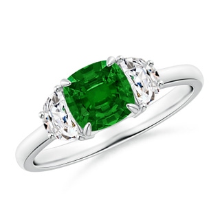 6mm AAAA Cushion Emerald and Diamond Three Stone Ring in White Gold